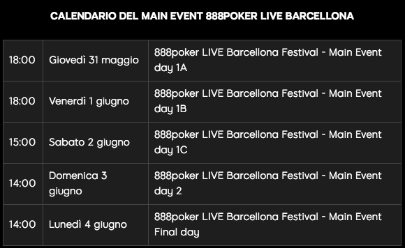 888live Barcellona 2018 calendario Main Event